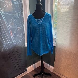Nanette Lepore Blue Long Sleeve Top with Braided Detail on Vneck.